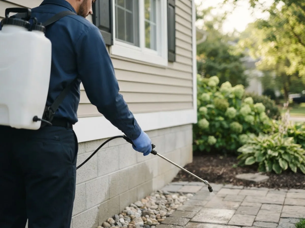 Pest control technician inspecting a home in Central City, IA